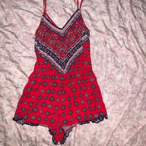 Forever 21 Red Print Adjustable Strap Romper Small